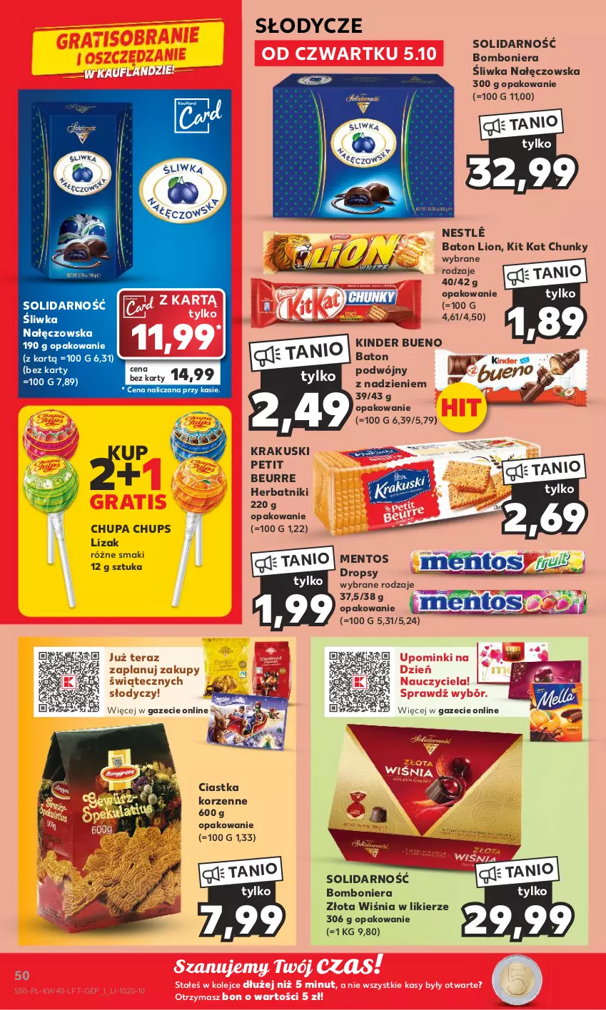 Gazetka promocyjna Kaufland - Gazetka tygodnia - ważna 05.10 do 11.10.2023 - strona 50 - produkty: Baton, Bomboniera, Chupa Chups, Ciastka, Gra, Herbatniki, Kinder, Kinder Bueno, Kit Kat, Krakus, Krakuski, Likier, Lion, Mentos, Nestlé, Olej, Tera