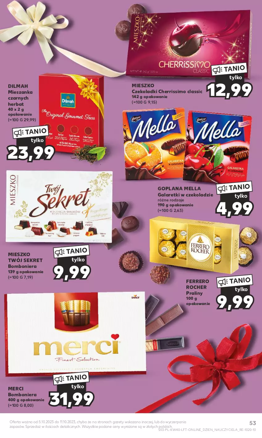 Gazetka promocyjna Kaufland - Gazetka tygodnia - ważna 05.10 do 11.10.2023 - strona 53 - produkty: Bomboniera, Dilmah, Ferrero, Ferrero Rocher, Gala, Galaretki, Goplana, Kret, LANA, Merci, Praliny