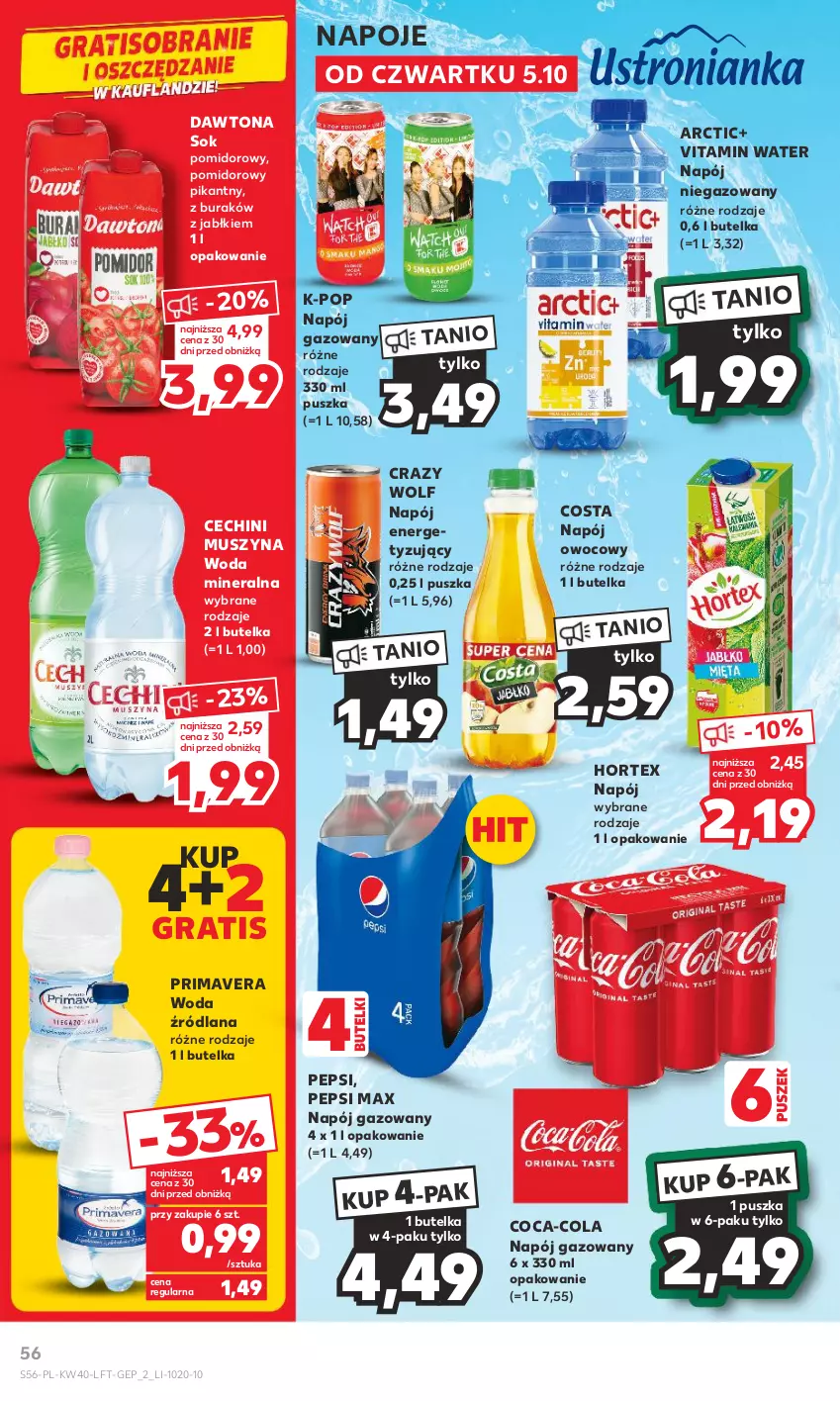 Gazetka promocyjna Kaufland - Gazetka tygodnia - ważna 05.10 do 11.10.2023 - strona 56 - produkty: Coca-Cola, Dawtona, Gra, Hortex, LANA, Mus, Napój, Napój gazowany, Napój niegazowany, Napoje, Pepsi, Pepsi max, Prima, Primavera, Sok, Szyna, Woda, Woda mineralna