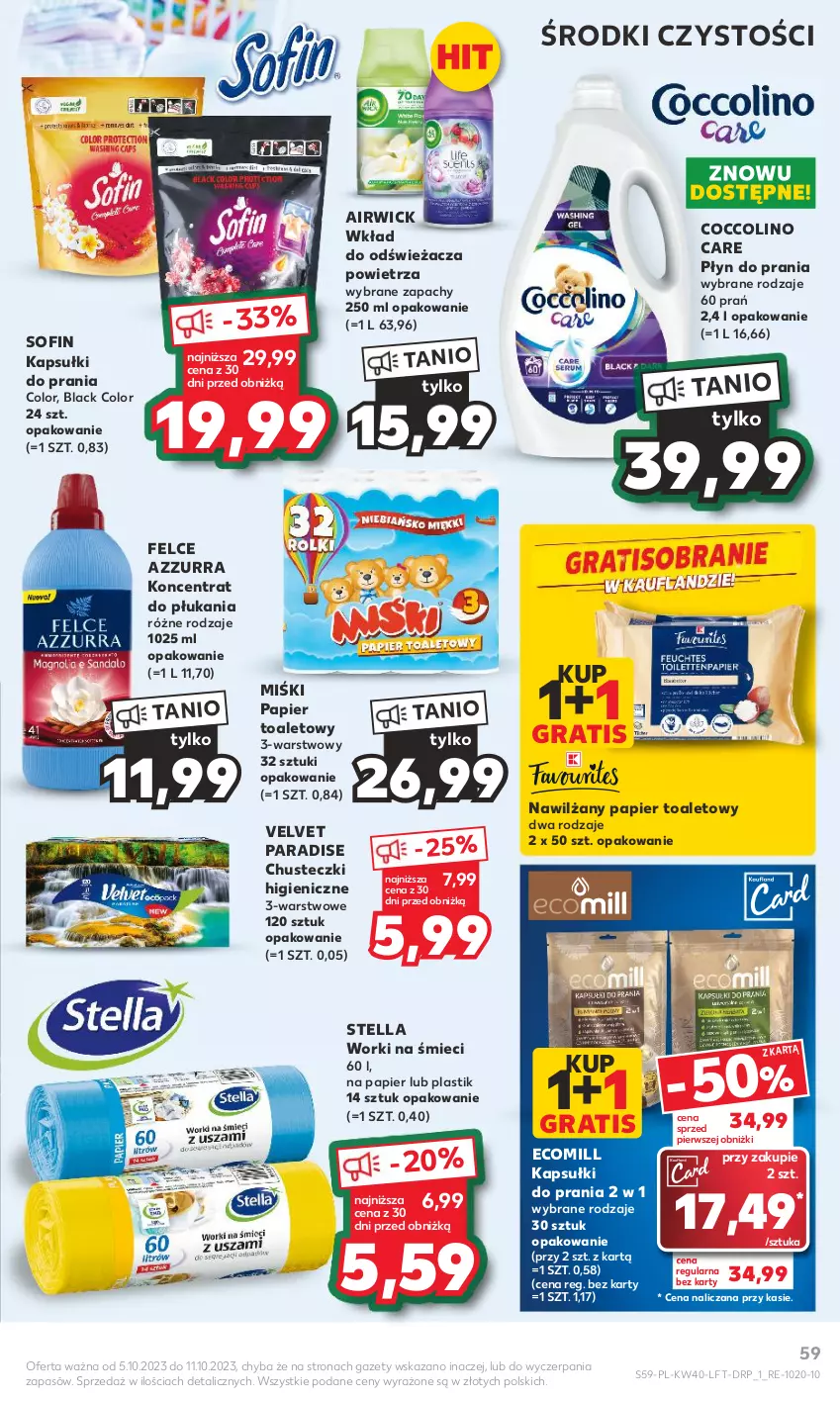 Gazetka promocyjna Kaufland - Gazetka tygodnia - ważna 05.10 do 11.10.2023 - strona 59 - produkty: Chusteczki, Coccolino, Gra, Kapsułki do prania, Lack, Nawilżany papier, Papier, Papier toaletowy, Płyn do prania, Velvet, Worki na śmiec, Worki na śmieci