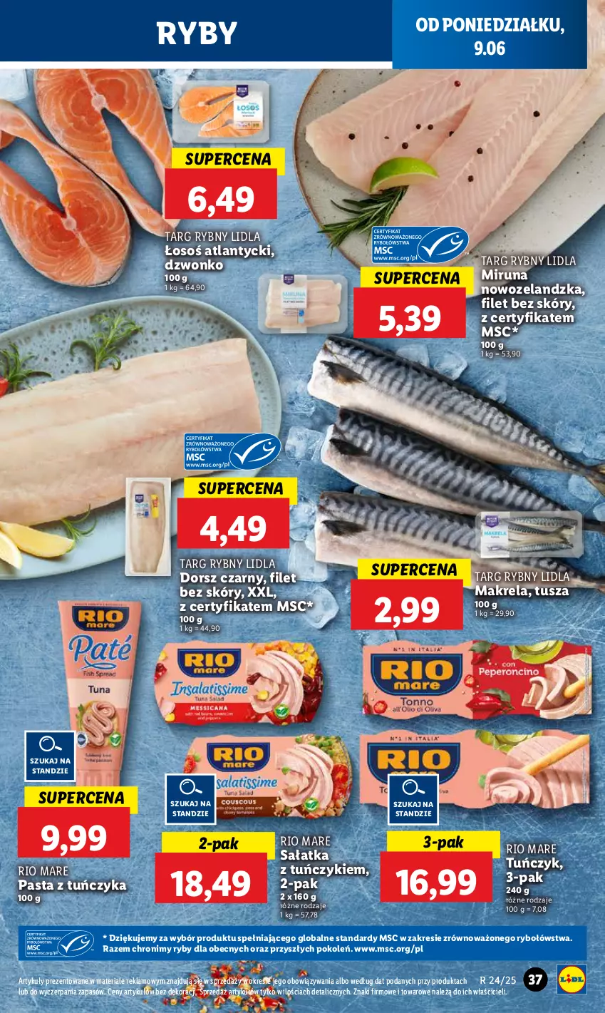 Gazetka promocyjna Lidl - GAZETKA - ważna 09.06 do 11.06.2025 - strona 39 - produkty: Dorsz, Miruna, Rio Mare, Sałat, Sałatka, Tuńczyk, Tusz