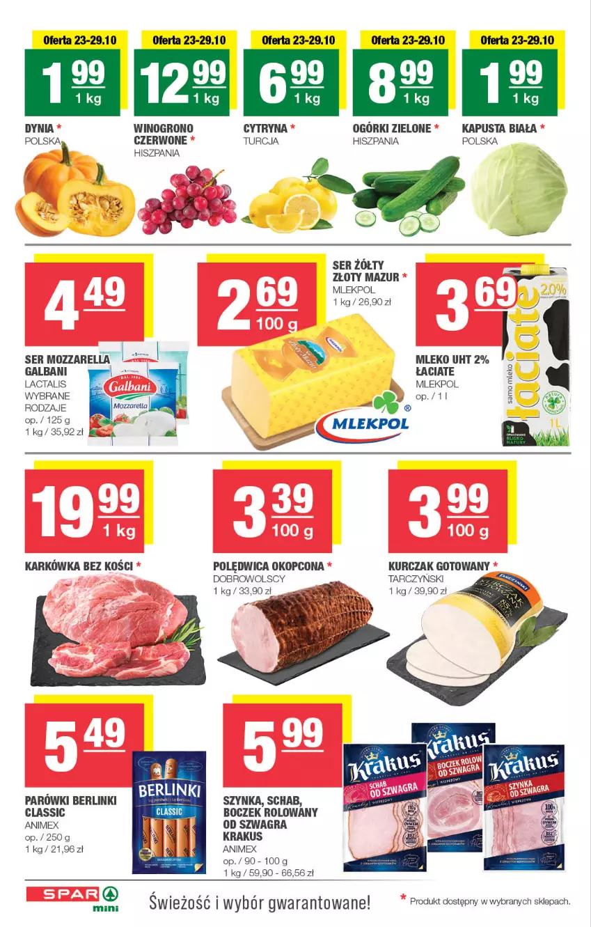 Gazetka promocyjna Spar - Spar-Mini - ważna 20.10 do 30.10.2024 - strona 2 - produkty: Berlinki, Boczek, Galbani, Gra, Krakus, Kurczak, Kurczak gotowany, Mleko, Mozzarella, Polędwica, Ser, Szynka, Wino, Złoty Mazur