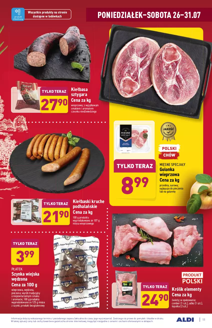 Gazetka promocyjna Aldi - ważna 26.07 do 31.07.2021 - strona 11 - produkty: Gala, Golonka wieprzowa, Kiełbasa, Królik, Lodówka, Mięsne specjały, Piec, Szynka, Tera