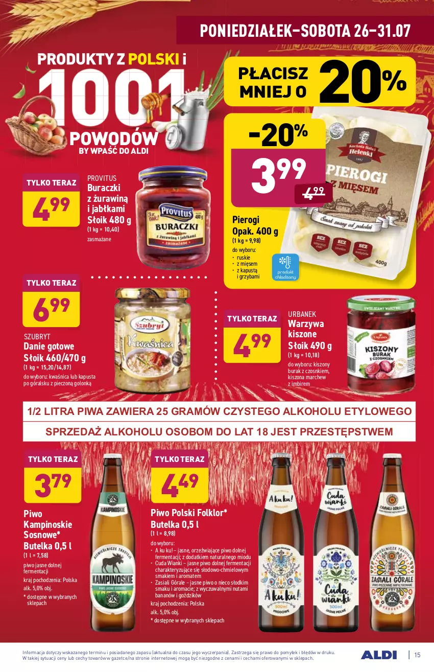 Gazetka promocyjna Aldi - ważna 26.07 do 31.07.2021 - strona 15 - produkty: Buraczki, Danie gotowe, Gra, Imbir, Jabłka, Kapustą, Piec, Pierogi, Piwa, Piwo, Piwo jasne, Sos, Szubryt, Tera, Warzywa