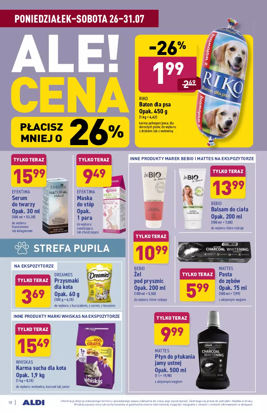 Gazetka promocyjna Aldi - ważna 26.07 do 31.07.2021 - strona 18 - produkty: Balsam do ciała, Baton, Baton dla psa, Fa, Kolagen, Kurczak, Maska, Maska do stóp, Pasta do zębów, Płyn do płukania, Płyn do płukania jamy ustnej, Por, Przysmaki, Rum, Ser, Serum, Serum do twarzy, Sos, Tera, Whiskas, Wołowina