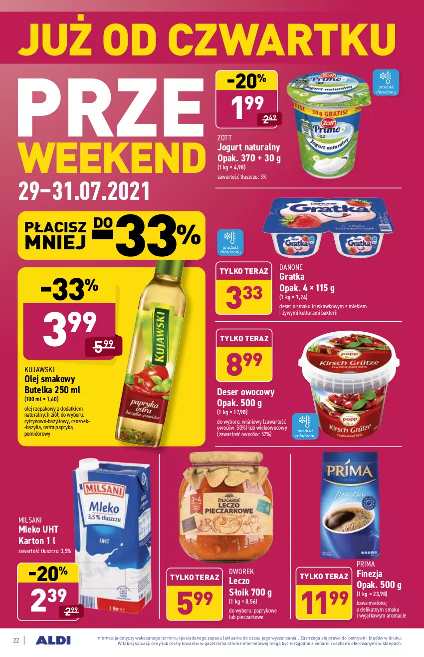 Gazetka promocyjna Aldi - ważna 26.07 do 31.07.2021 - strona 22 - produkty: Bazyl, Bazylia, Czosnek, Danone, Deser, Deser owocowy, Gra, Jogurt, Jogurt naturalny, Kawa, Kawa mielona, Kujawski, Mleko, Olej, Olej rzepakowy, Olej smakowy, Papryka, Piec, Prima, Ser, Tera, Zott