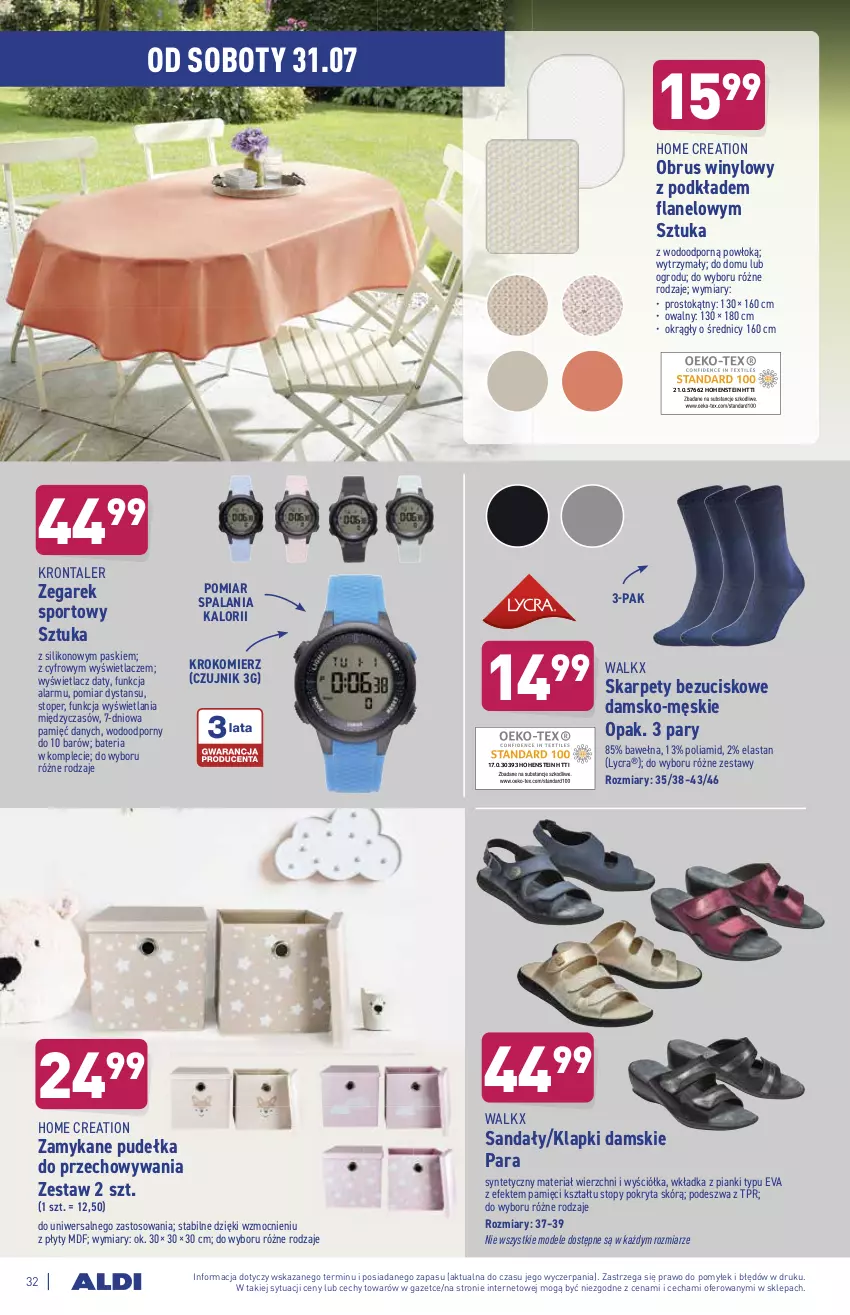 Gazetka promocyjna Aldi - ważna 26.07 do 31.07.2021 - strona 32 - produkty: Bateria, Karp, Klapki, Krokomierz, Obrus, Podkład, Por, Sandał, Sport, Top, Wełna, Zegar, Zegarek