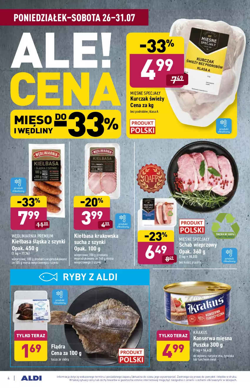 Gazetka promocyjna Aldi - ważna 26.07 do 31.07.2021 - strona 4 - produkty: Kiełbasa, Kiełbasa krakowska, Kiełbasa śląska, Krakus, Kurczak, Mięsne specjały, Mięso, Schab wieprzowy, Ser, Tera, Tusz