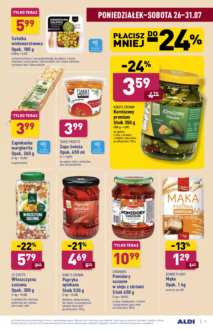 Gazetka promocyjna Aldi - ważna 26.07 do 31.07.2021 - strona 9 - produkty: Edam, Fa, Hummus, King’s Crown, Korniszony, Mąka, Mus, Olej, Papryka, Pietruszka, Pomidory, Por, Quinoa, Sałat, Sałatka, Sos, Tera, Zapiekanka, Zupa