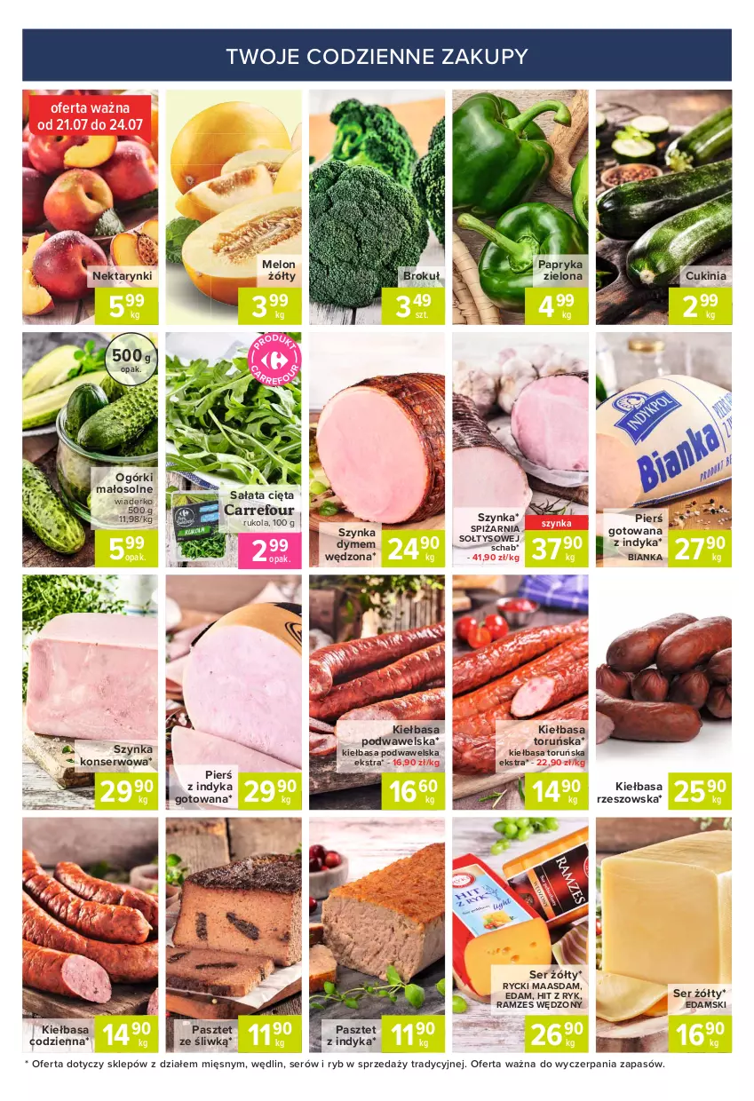 Gazetka promocyjna Carrefour - Gazetka Express - ważna 19.07 do 26.07.2021 - strona 5 - produkty: Bianka, Edam, Kiełbasa, Kiełbasa podwawelska, Maasdam, Melon, Nektar, Papryka, Pasztet, Pasztet z indyka, Rukola, Sałat, Ser, Szynka, Szynka konserwowa, Wawel