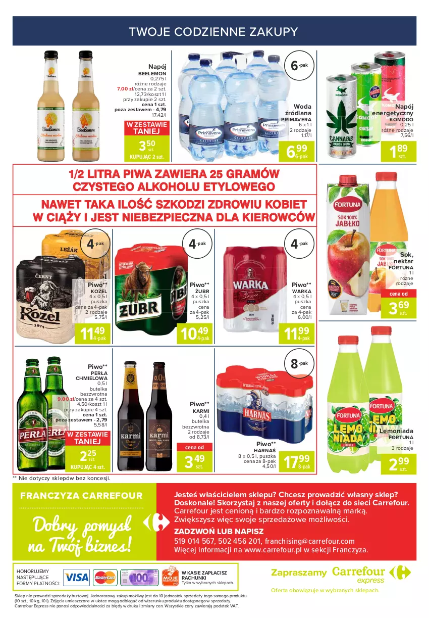 Gazetka promocyjna Carrefour - Gazetka Express - ważna 19.07 do 26.07.2021 - strona 6 - produkty: Fortuna, Gra, Harnaś, Karmi, Kosz, Kozel, LANA, Lemoniada, Napój, Napój energetyczny, Nektar, Perła, Piec, Piwa, Piwo, Prima, Primavera, Sok, Stek, Warka, Woda