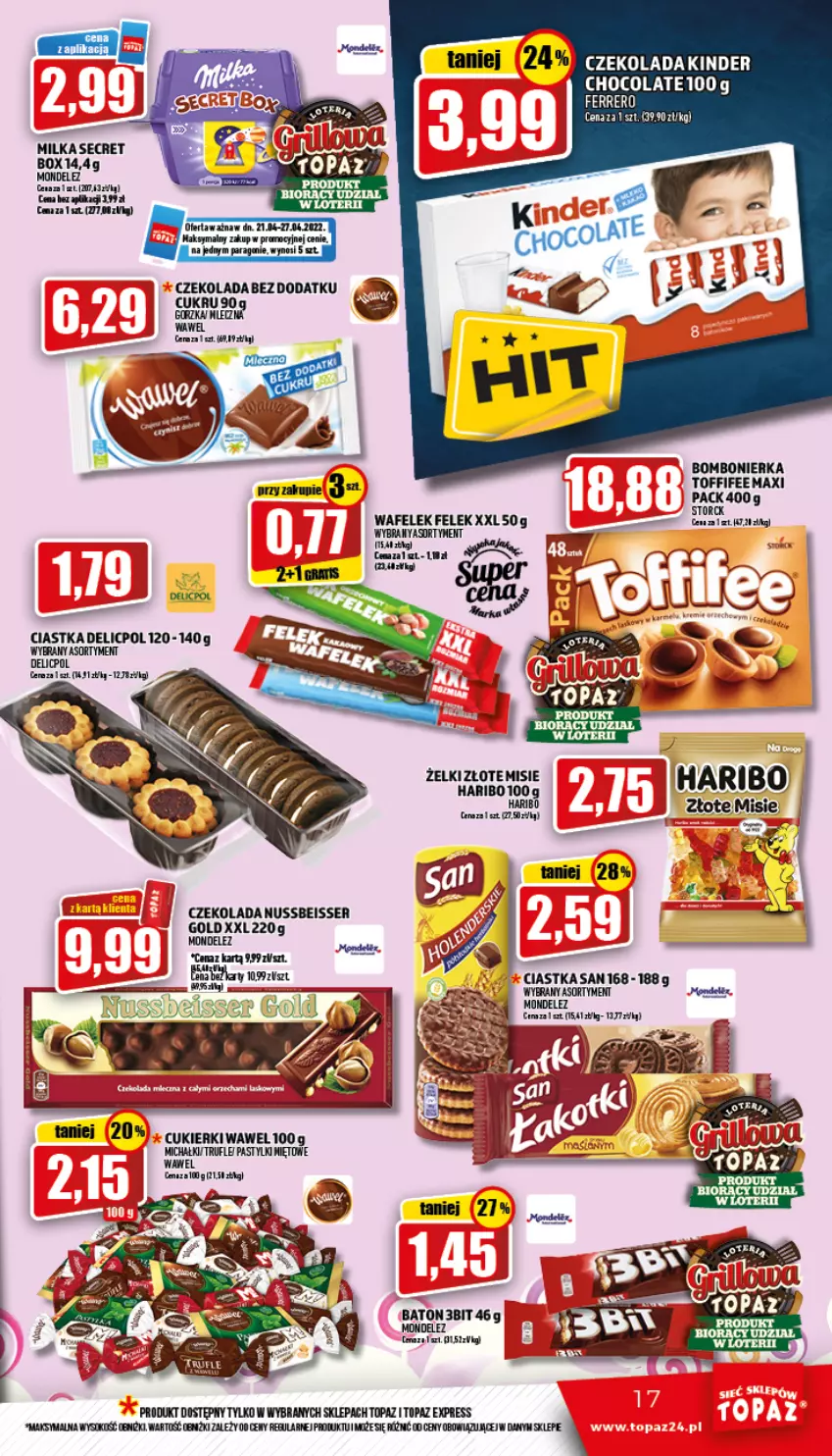 Gazetka promocyjna Topaz - Gazetka - ważna 21.04 do 27.04.2022 - strona 17 - produkty: Baton, Ciastka, Cukier, Cukierki, Czekolada, Ferrero, Haribo, Michałki, Milka, Pastylki, Ser, Top, Wafelek, Wawel