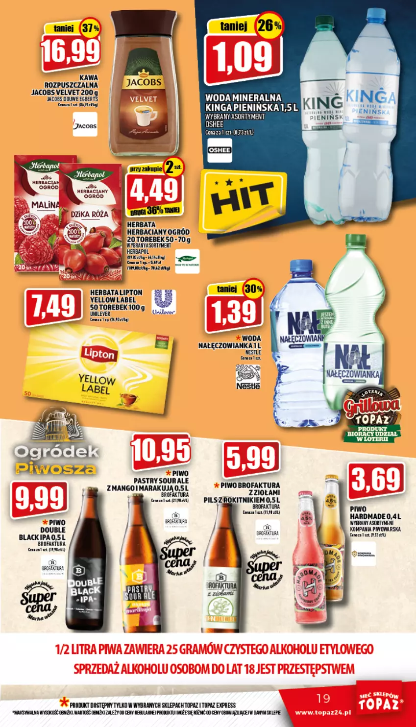 Gazetka promocyjna Topaz - Gazetka - ważna 21.04 do 27.04.2022 - strona 19 - produkty: Fa, Herbapol, Herbata, Jacobs, Kawa, Kawa rozpuszczalna, Lipton, Mango, Piwo, Top, Velvet, Woda, Woda mineralna