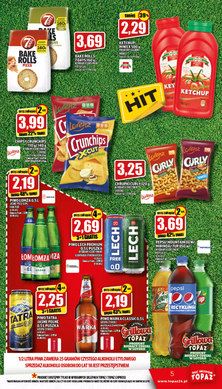 Gazetka promocyjna Topaz - Gazetka - ważna 21.04 do 27.04.2022 - strona 5 - produkty: 7up, Gra, Lech Premium, Lorenz, Mirinda, Piwa, Piwo, Tatra, Top, Warka