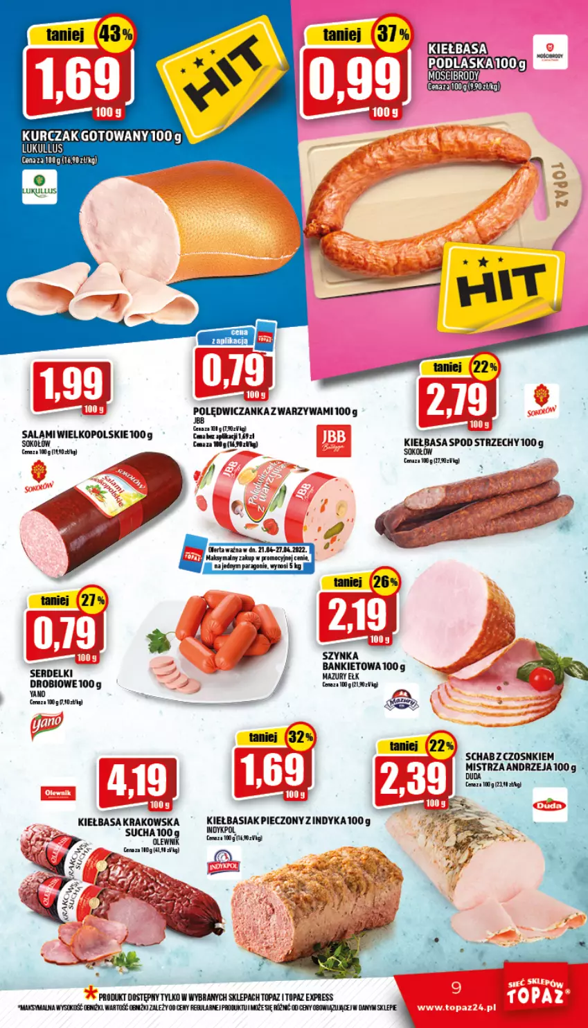 Gazetka promocyjna Topaz - Gazetka - ważna 21.04 do 27.04.2022 - strona 9 - produkty: Basia, Kiełbasa, Kurczak, Kurczak gotowany, LG, Piec, Salami, Ser, Serdelki, Sok, Sokołów, Szynka, Top, Warzywa