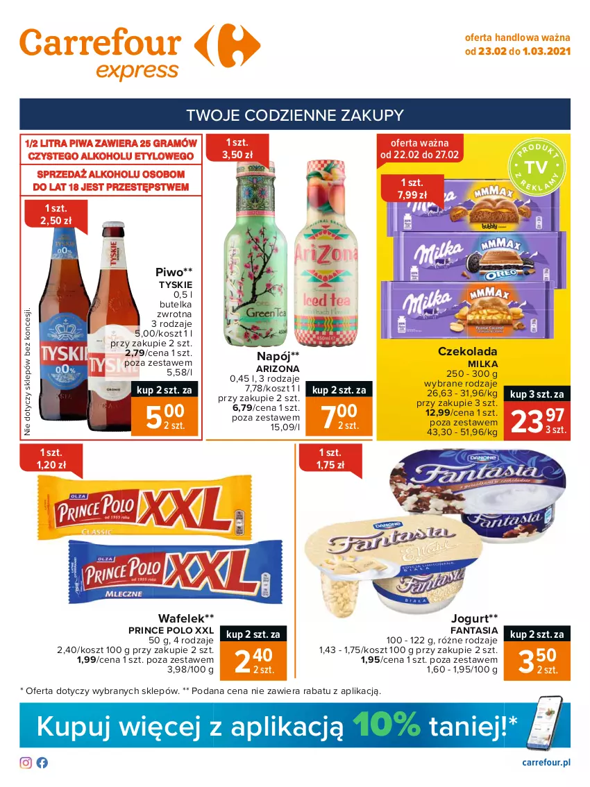 Gazetka promocyjna Carrefour - Gazetka Express - ważna 22.02 do 01.03.2021 - strona 1 - produkty: Czekolada, Fa, Fanta, Gra, Jogurt, Kosz, Milka, Napój, Piwa, Piwo, Prince Polo, Tyskie, Wafelek