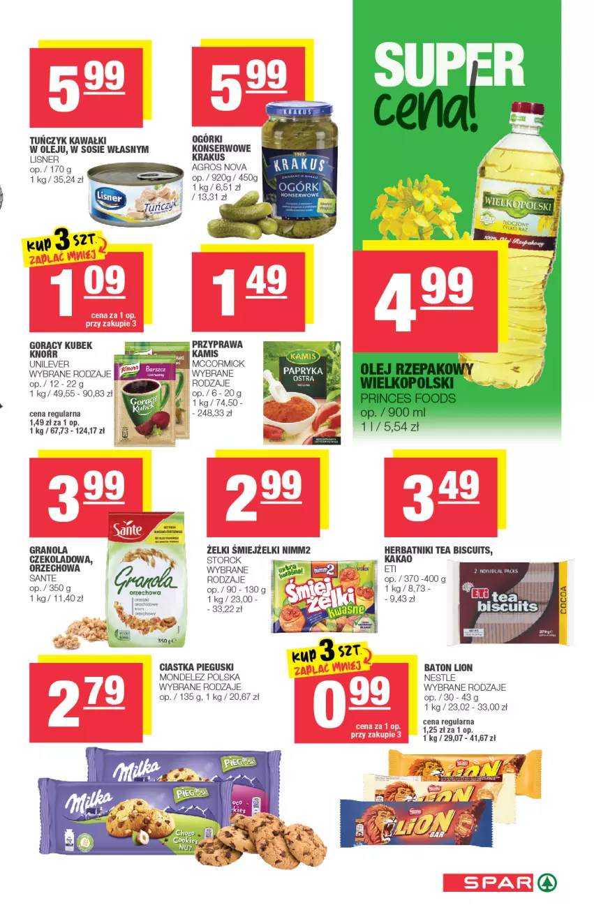 Gazetka promocyjna Spar - Spar - ważna 30.06 do 06.07.2021 - strona 5 - produkty: Baton, Ciastka, Gra, Granola, Herbatniki, Kakao, Kamis, Kawa, Knorr, Krakus, Kubek, Lion, Lisner, Nimm2, Olej, Sante, Ser, Sos, Tuńczyk