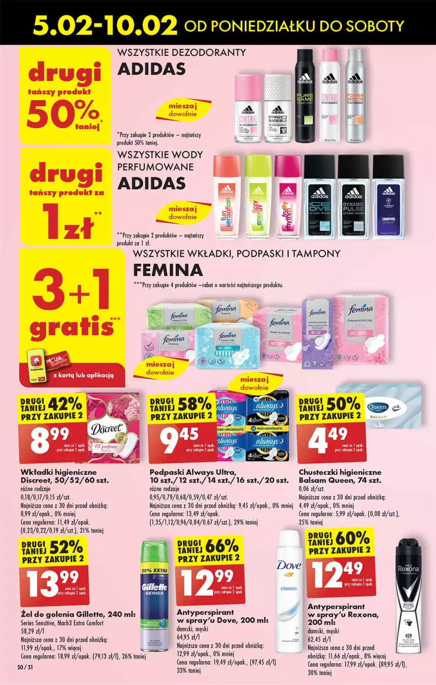 Gazetka promocyjna Biedronka - Od poniedzialku - ważna 05.02 do 10.02.2024 - strona 58 - produkty: Adidas, Always, Always Ultra, Antyperspirant, Chusteczki, Dezodorant, Discreet, Dove, Gillette, Leon, Mach3, Perfum, Podpaski, Rexona, Ser, Tampony, Wkładki