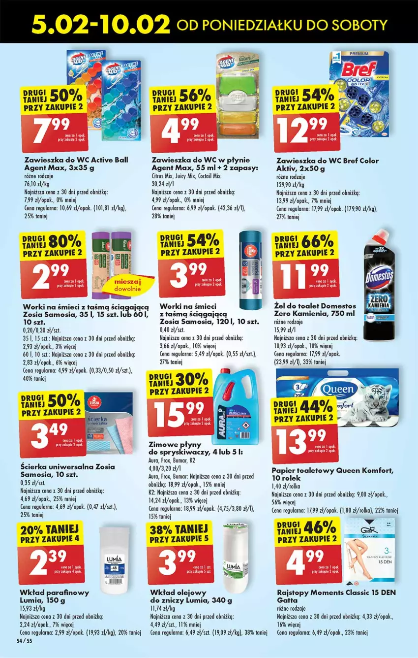 Gazetka promocyjna Biedronka - Od poniedzialku - ważna 05.02 do 10.02.2024 - strona 62 - produkty: Bref, Domestos, Gatta, K2, Moments, Olej, Papier, Papier toaletowy, Pur, Rajstopy, Top, Wkład olejowy, Worki na śmiec, Worki na śmieci, Zawieszka do wc, Znicz