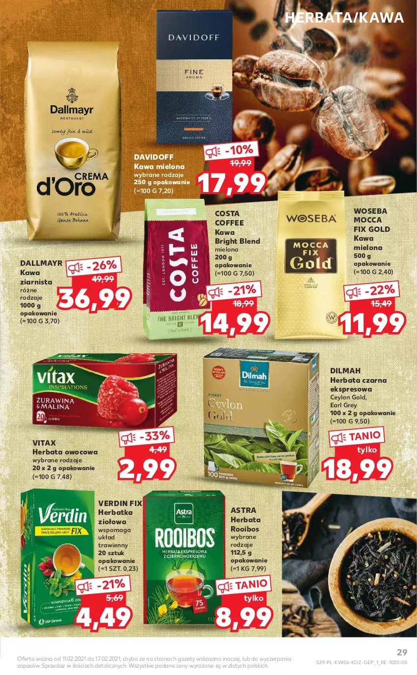 Gazetka promocyjna Kaufland - OFERTA TYGODNIA - ważna 11.02 do 17.02.2021 - strona 29 - produkty: Dallmayr, Davidoff, Dilmah, Earl Grey, Herbata, Herbata czarna, Herbata owocowa, Kawa, Kawa mielona, Kawa ziarnista, Mocca Fix Gold, Vitax, Woseba