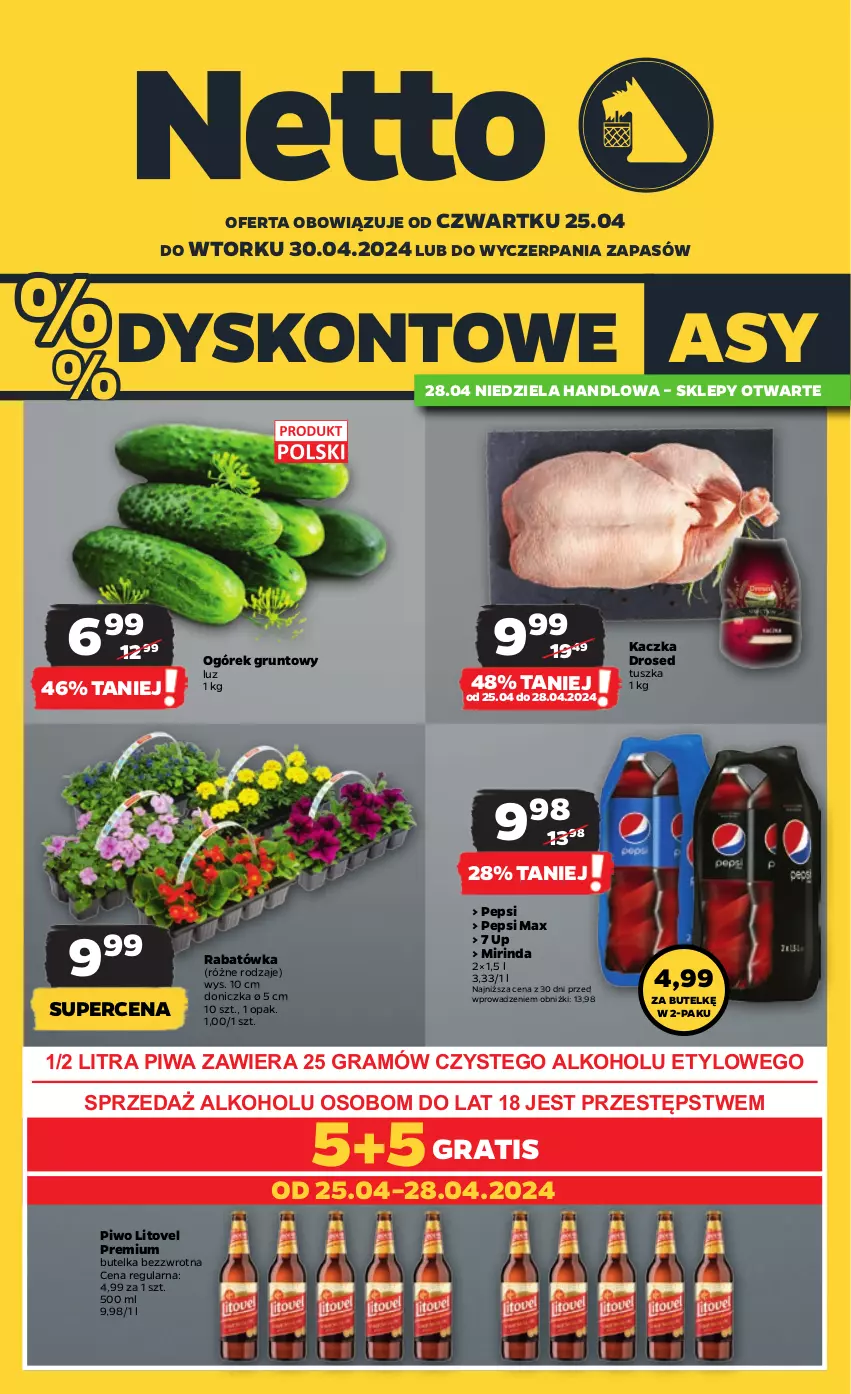 Gazetka promocyjna Netto - Artykuły spożywcze - ważna 25.04 do 30.04.2024 - strona 1 - produkty: Gra, Grunt, Kaczka, Mirinda, Ogórek, Pepsi, Pepsi max, Piwa, Piwo, Tusz