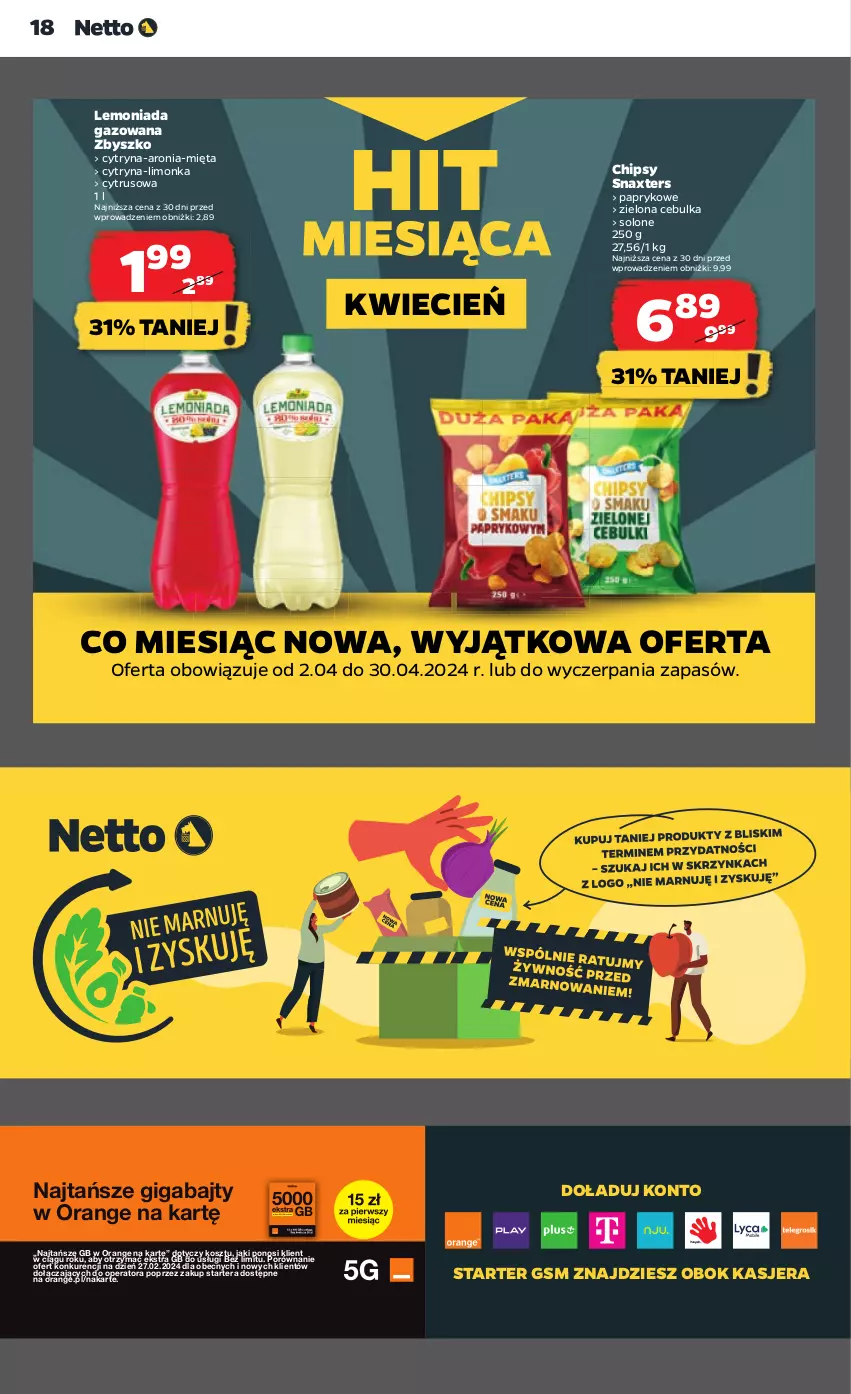 Gazetka promocyjna Netto - Artykuły spożywcze - ważna 25.04 do 30.04.2024 - strona 18 - produkty: Aronia, Chipsy, Cień, Kosz, Lemoniada, Limonka, Mięta, Por, Tera