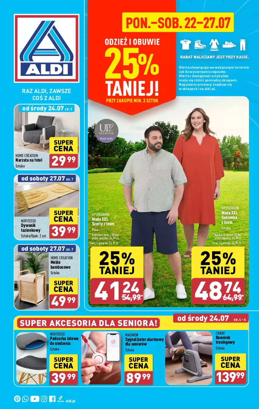 Gazetka promocyjna Aldi - Artykuły przemysłowe i tekstylia - ważna 22.07 do 27.07.2024 - strona 1 - produkty: Dywan, Dywanik, Dywanik łazienkowy, Fa, Fotel, Gin, Meble, Moda, Narzuta, Poduszka, Rower, Rowerek, Sukienka, Szorty