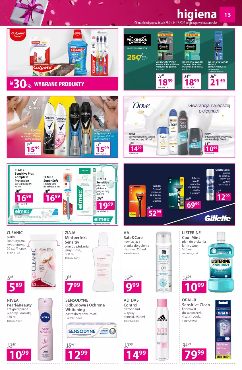 Gazetka promocyjna Hebe - Gazetka - ważna 28.11 do 14.12.2022 - strona 13 - produkty: Adidas, Antyperspirant, Cleanic, Control, Dezodorant, Elmex, Fusion, Gillette, Końcówki do szczoteczk, Lack, Listerine, Mach3, Maszynka, Maszynka do golenia, Nivea, Pasta do zębów, Pianka do golenia, Płatki kosmetyczne, Płyn do płukania, Płyn do płukania jamy ustnej, Sensodyne, Ser, Szczoteczka, Szczoteczka do zębów, Szynka, Wilkinson Sword, Ziaja