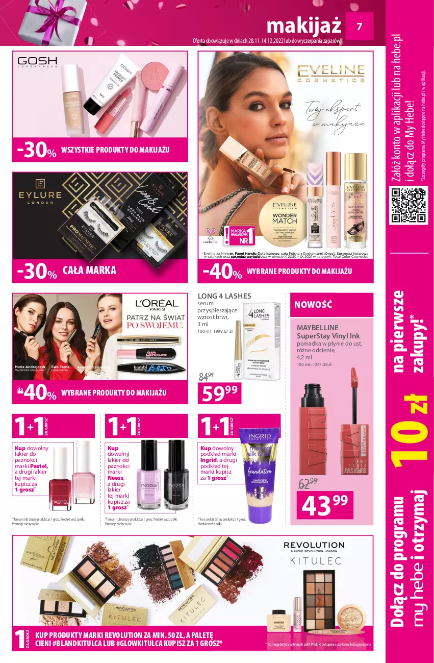 Gazetka promocyjna Hebe - Gazetka - ważna 28.11 do 14.12.2022 - strona 7 - produkty: Bell, Gra, GRID, Lakier, Lakier do paznokci, Long 4 Lashes, Makijaż, Maybelline, Podkład, Produkty do makijażu, Rum, Ser, Serum