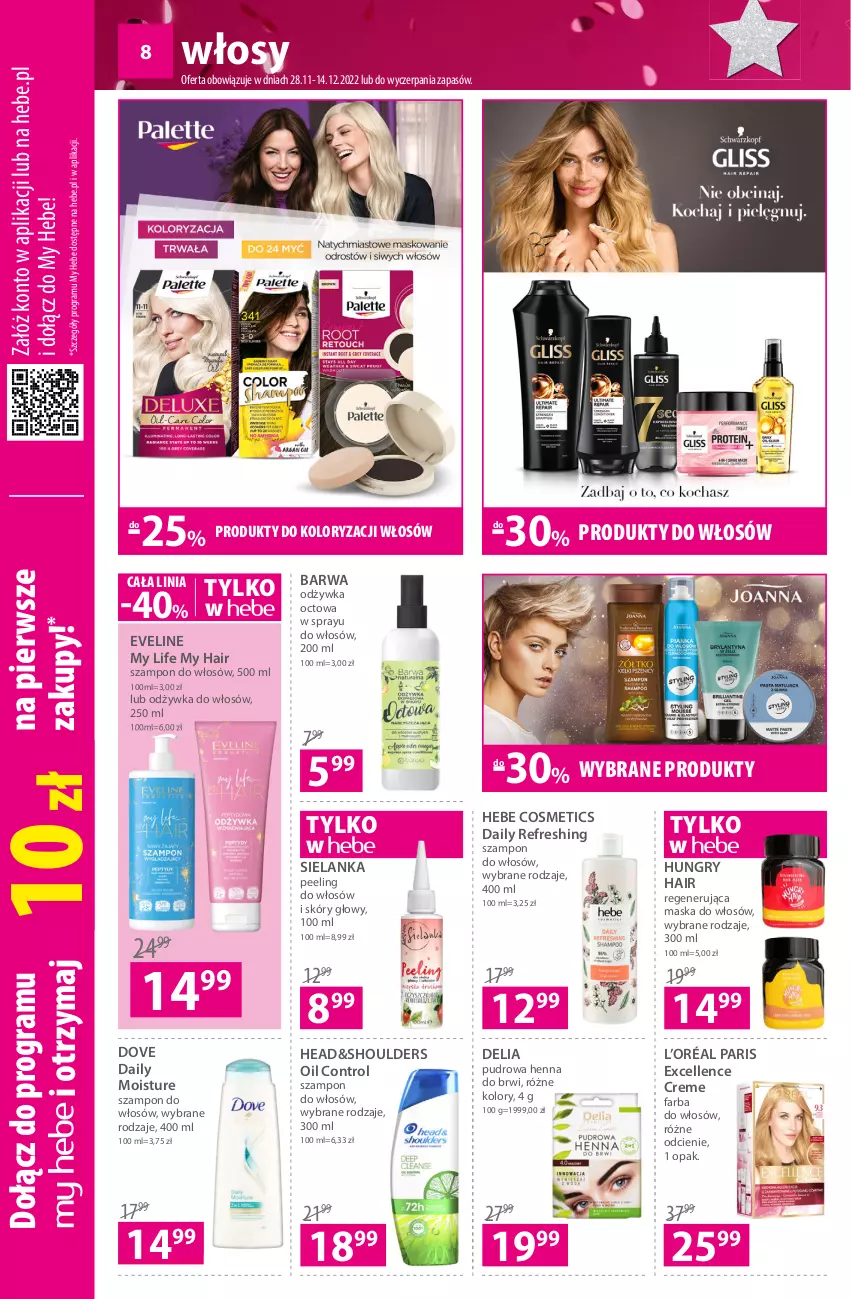 Gazetka promocyjna Hebe - Gazetka - ważna 28.11 do 14.12.2022 - strona 8 - produkty: Control, Dove, Eveline, Fa, Farba do włosów, Gra, Gry, Hebe Cosmetics, L’Oréal, Maska, Maska do włosów, Odżywka, Peeling, Regenerująca maska, Szampon