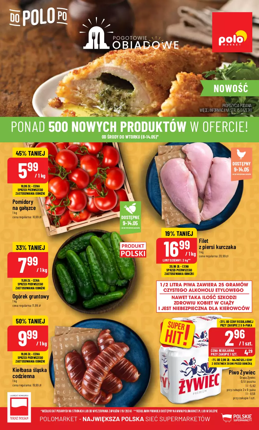 Gazetka promocyjna PoloMarket - Gazetka pomocyjna - ważna 08.05 do 14.05.2024 - strona 1 - produkty: Filet z piersi kurczaka, Grunt, Kiełbasa, Kiełbasa śląska, Kurczak, Ogórek, Piwo, Pomidory