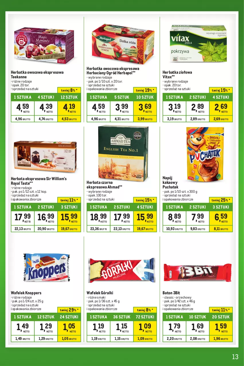 Gazetka promocyjna Makro - Kupujesz więcej płacisz mniej - ważna 28.11 do 24.12.2023 - strona 13 - produkty: Baton, Góralki, Herbapol, Herbata, Herbata czarna, Kakao, Knoppers, Napój, Ogród, Teekanne, Vitax, Wafelek