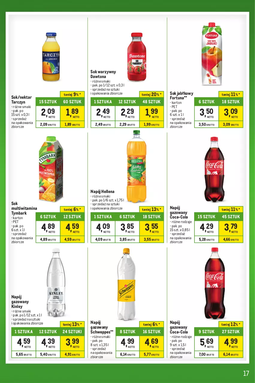 Gazetka promocyjna Makro - Kupujesz więcej płacisz mniej - ważna 28.11 do 24.12.2023 - strona 17 - produkty: Coca-Cola, Dawtona, Fortuna, Hellena, Napój, Napój gazowany, Nektar, Schweppes, Sok, Sok jabłkowy, Tymbark