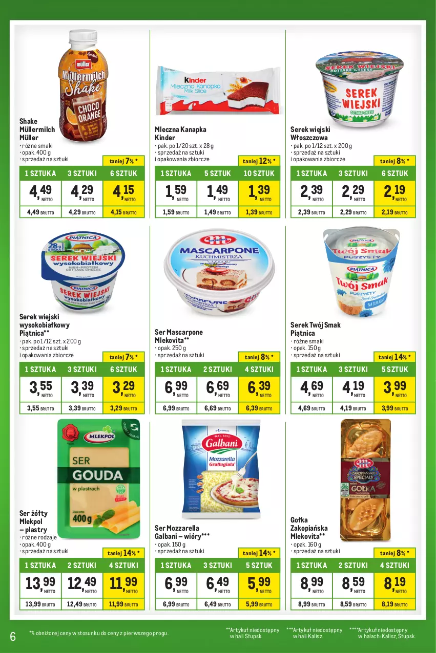 Gazetka promocyjna Makro - Kupujesz więcej płacisz mniej - ważna 28.11 do 24.12.2023 - strona 6 - produkty: Galbani, Gołka Zakopiańska, Kinder, Mascarpone, Mleczna kanapka, Mleko, Mlekovita, Mozzarella, Müller, Müllermilch, Piątnica, Ser, Serek, Serek wiejski, Sok, Twój Smak