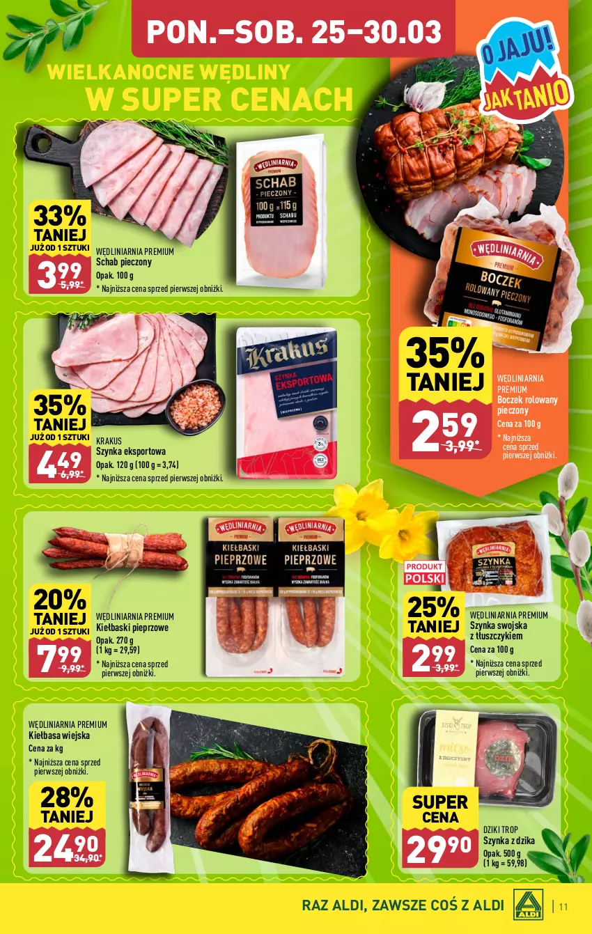 Gazetka promocyjna Aldi - Pełna oferta - ważna 25.03 do 30.03.2024 - strona 11 - produkty: Boczek, Kiełbasa, Kiełbasa wiejska, Kiełbaski pieprzowe, Krakus, Piec, Pieprz, Por, Schab pieczony, Sport, Szynka