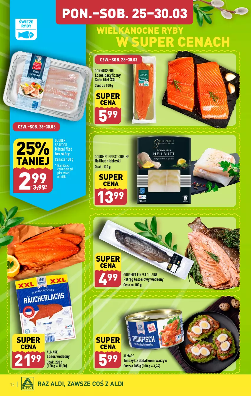 Gazetka promocyjna Aldi - Pełna oferta - ważna 25.03 do 30.03.2024 - strona 12 - produkty: Golden Seafood, Halibut, Mintaj, Pstrąg, Pstrąg łososiowy, Sos, Tuńczyk