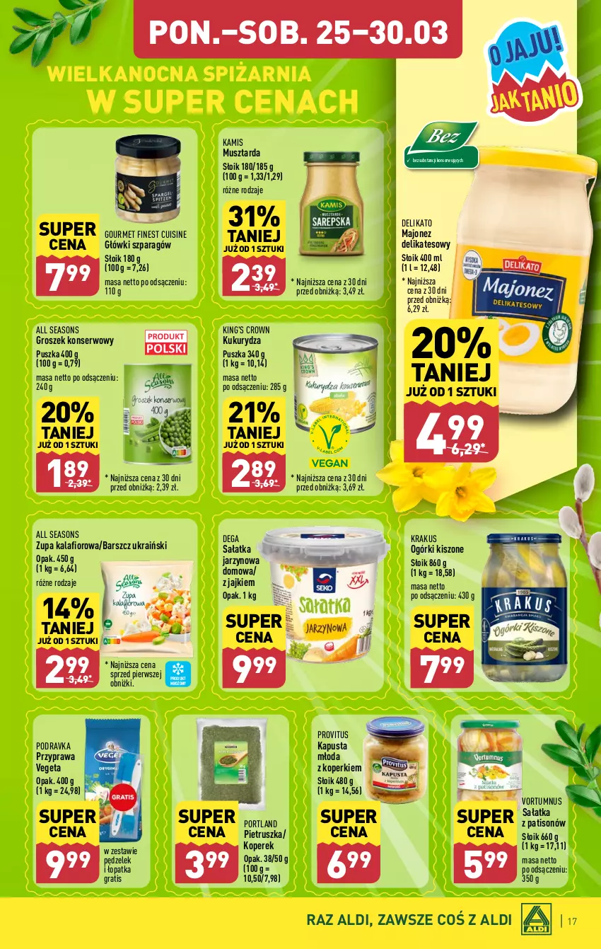 Gazetka promocyjna Aldi - Pełna oferta - ważna 25.03 do 30.03.2024 - strona 17 - produkty: All Seasons, Dega, Gra, Groszek, Kalafior, Kamis, Krakus, Kukurydza, Majonez, Mus, Musztarda, Pietruszka, Podravka, Por, Sałat, Sałatka, Ser, Vegeta, Zupa, Zupa kalafiorowa