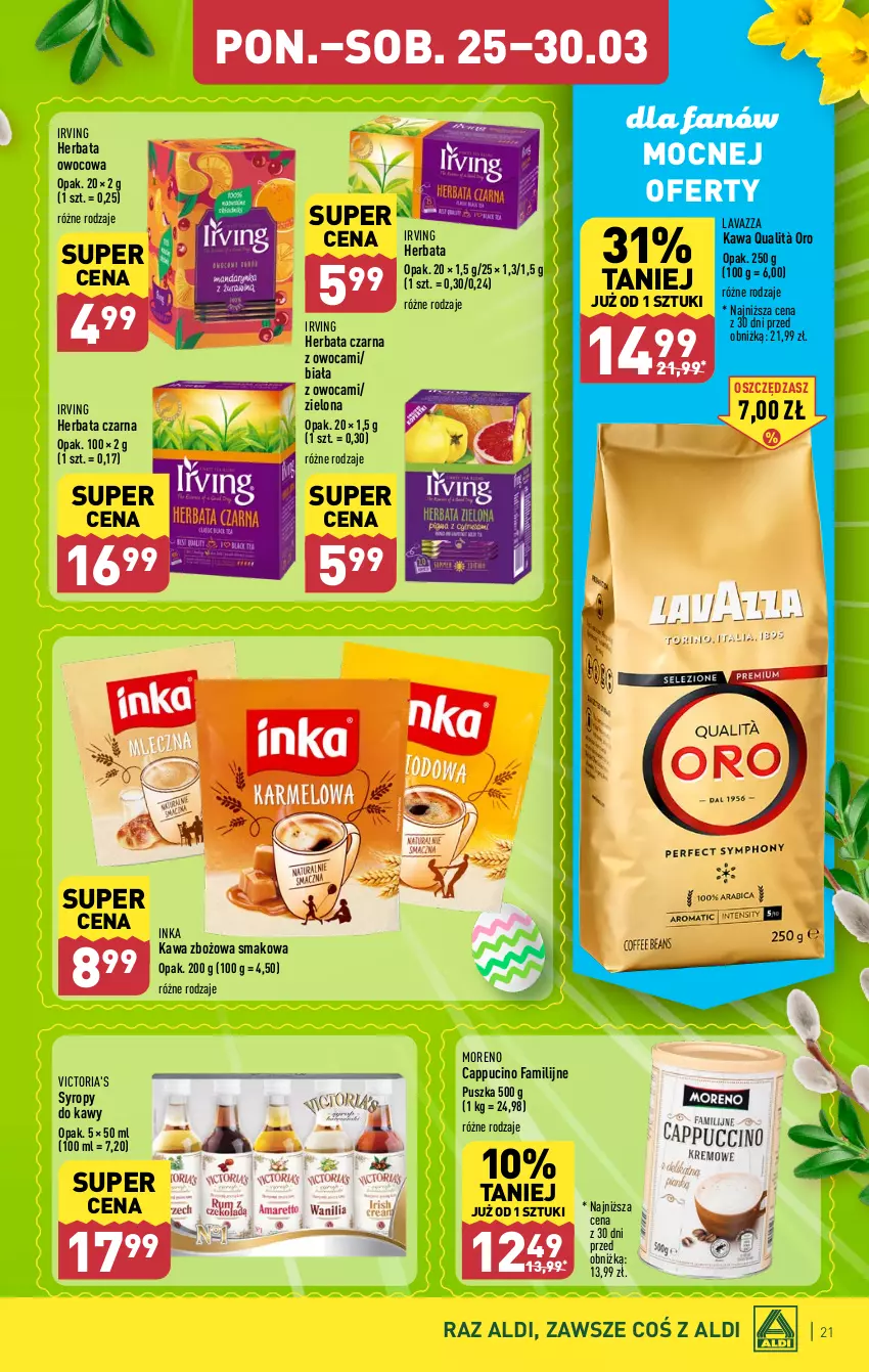 Gazetka promocyjna Aldi - Pełna oferta - ważna 25.03 do 30.03.2024 - strona 21 - produkty: Fa, Herbata, Herbata czarna, Herbata owocowa, Inka, Irving, Kawa, Kawa zbożowa, Lavazza, Syrop, Syropy