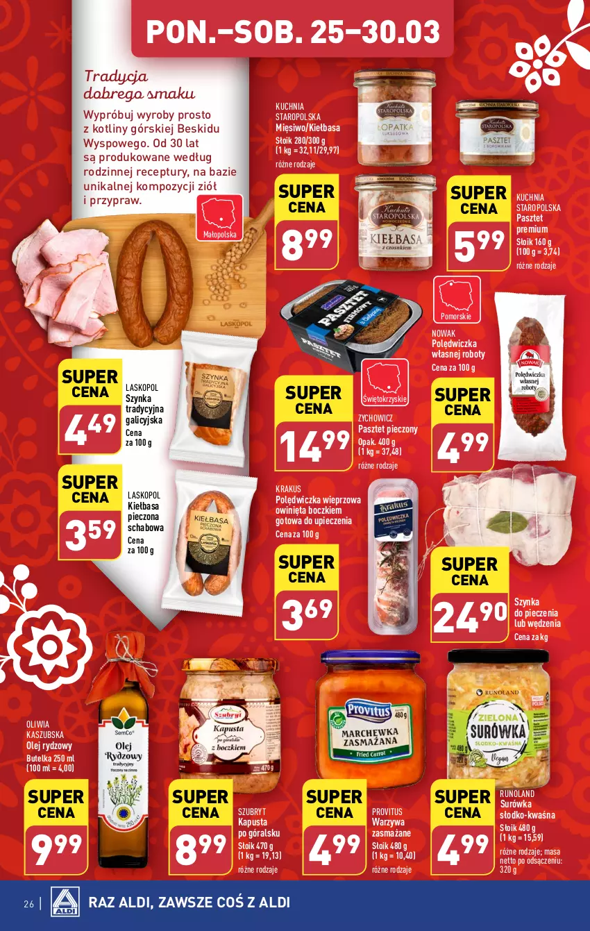 Gazetka promocyjna Aldi - Pełna oferta - ważna 25.03 do 30.03.2024 - strona 26 - produkty: Kiełbasa, Kotlin, Krakus, Kuchnia, Kuchnia Staropolska, NOWAK, Olej, Pasztet, Piec, Polędwiczka wieprzowa, Robot, Runoland, Surówka, Szubryt, Szynka, Warzywa