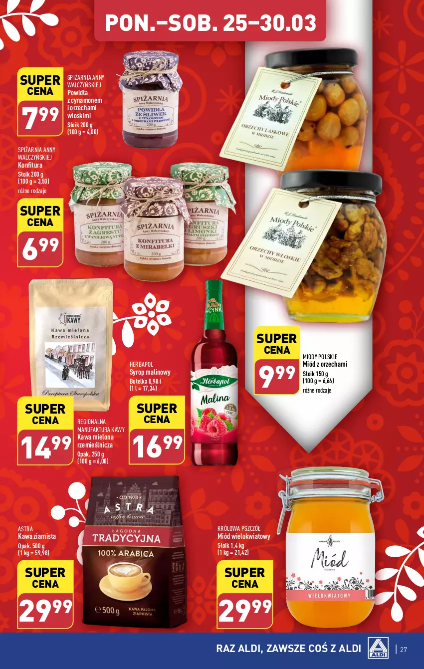 Gazetka promocyjna Aldi - Pełna oferta - ważna 25.03 do 30.03.2024 - strona 27 - produkty: Fa, Herbapol, Kawa, Kawa mielona, Kawa ziarnista, Konfitura, Miód, Syrop