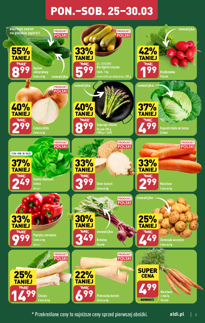 Gazetka promocyjna Aldi - Pełna oferta - ważna 25.03 do 30.03.2024 - strona 3 - produkty: All Seasons, Cebula, Chrzan, Masło, Ogórek, Papryka, Papryka czerwona, Pietruszka, Rzodkiewka, Sałat, Sałata masłowa, Seler korzeń, Ziemniaki