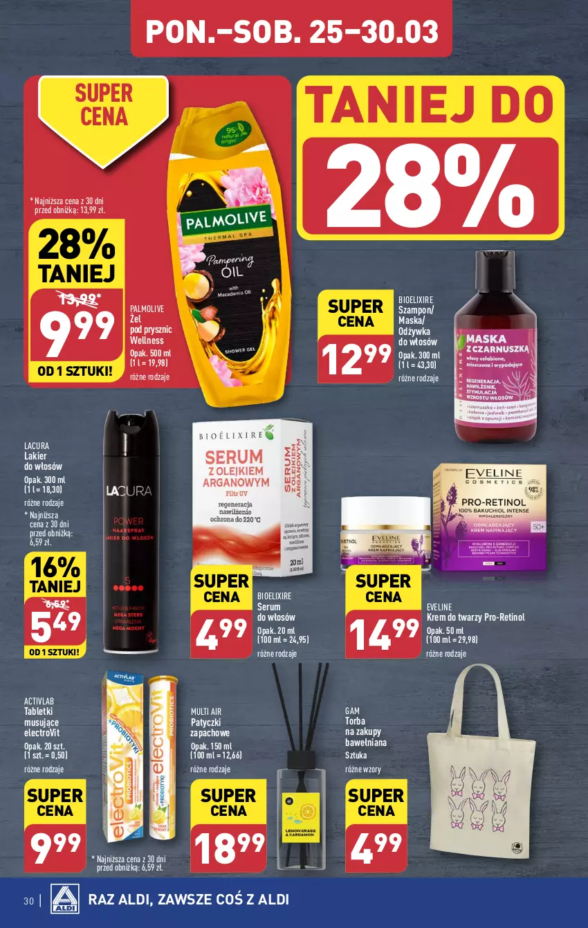 Gazetka promocyjna Aldi - Pełna oferta - ważna 25.03 do 30.03.2024 - strona 30 - produkty: Eveline, Krem do twarzy, Lakier, Lakier do włosów, Maska, Mus, Odżywka, Palmolive, Rum, Ser, Serum, Serum do włosów, Szampon, Tablet, Tabletki musujące, Torba, Torba na zakupy