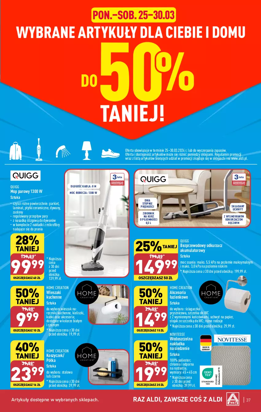 Gazetka promocyjna Aldi - Pełna oferta - ważna 25.03 do 30.03.2024 - strona 37 - produkty: Akumulator, Dywan, Kosz, Mop, Mop parowy, Nakładka na siedzenie, Odkurzacz, Odkurzacze, Papier, Półka, Por, Ręcznik, Stojak, Szczotka, Szczotka do WC, Top, Wieszak