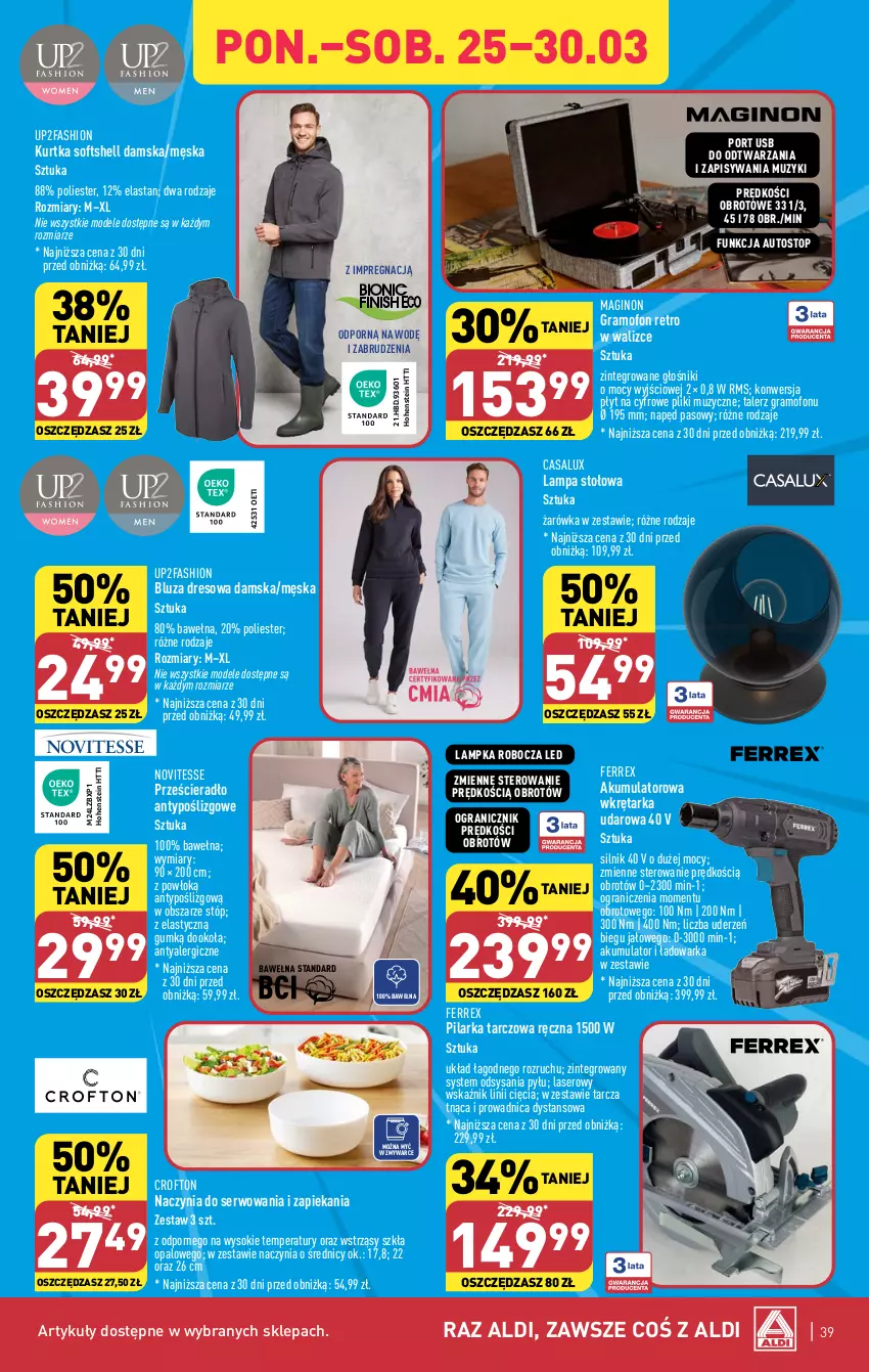 Gazetka promocyjna Aldi - Pełna oferta - ważna 25.03 do 30.03.2024 - strona 39 - produkty: Akumulator, Bluza, Bluza dresowa, Dres, Fa, Gin, Głośnik, Gra, Kurtka, Kurtka softshell, Lampa, Lampa stołowa, Pilarka tarczowa, Por, Prześcieradło, Ser, Sok, Talerz, Tarcza tnąca, Tarka, Top, Warka, Wełna, Wkręt, Wkrętarka