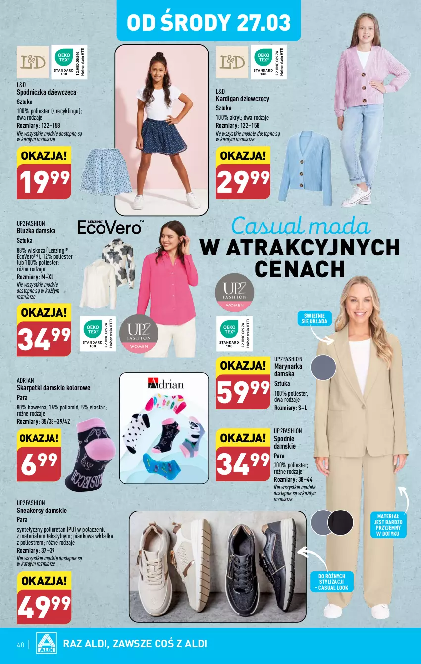 Gazetka promocyjna Aldi - Pełna oferta - ważna 25.03 do 30.03.2024 - strona 40 - produkty: Fa, Kardigan, Karp, Moda, Skarpetki, Sneakersy, Spodnie, Wełna