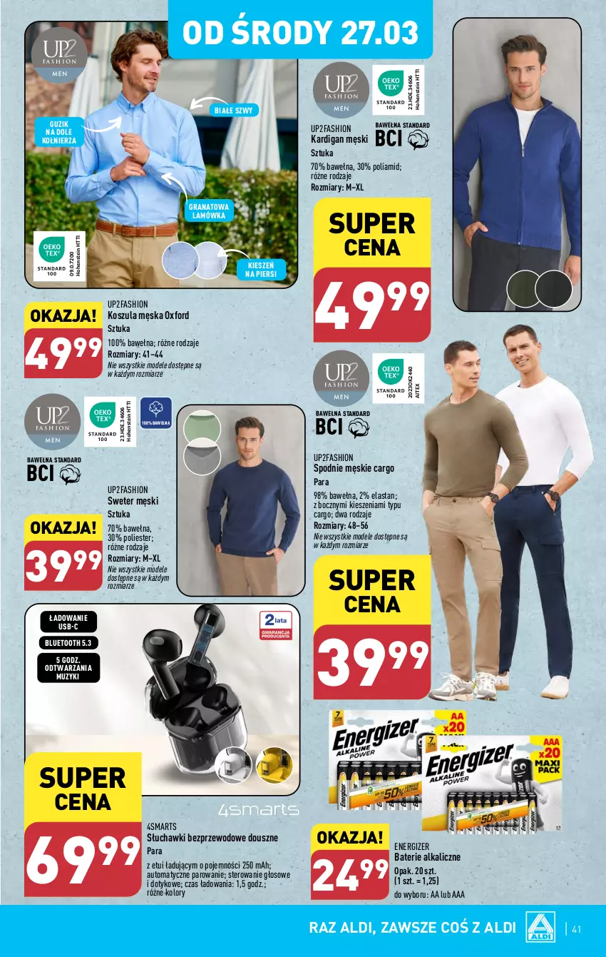 Gazetka promocyjna Aldi - Pełna oferta - ważna 25.03 do 30.03.2024 - strona 41 - produkty: Baterie alkaliczne, Energizer, Fa, Gra, Granat, K2, Kardigan, Kosz, Koszula, Słuchawki, Słuchawki bezprzewodowe, Spodnie, Sweter, Wełna