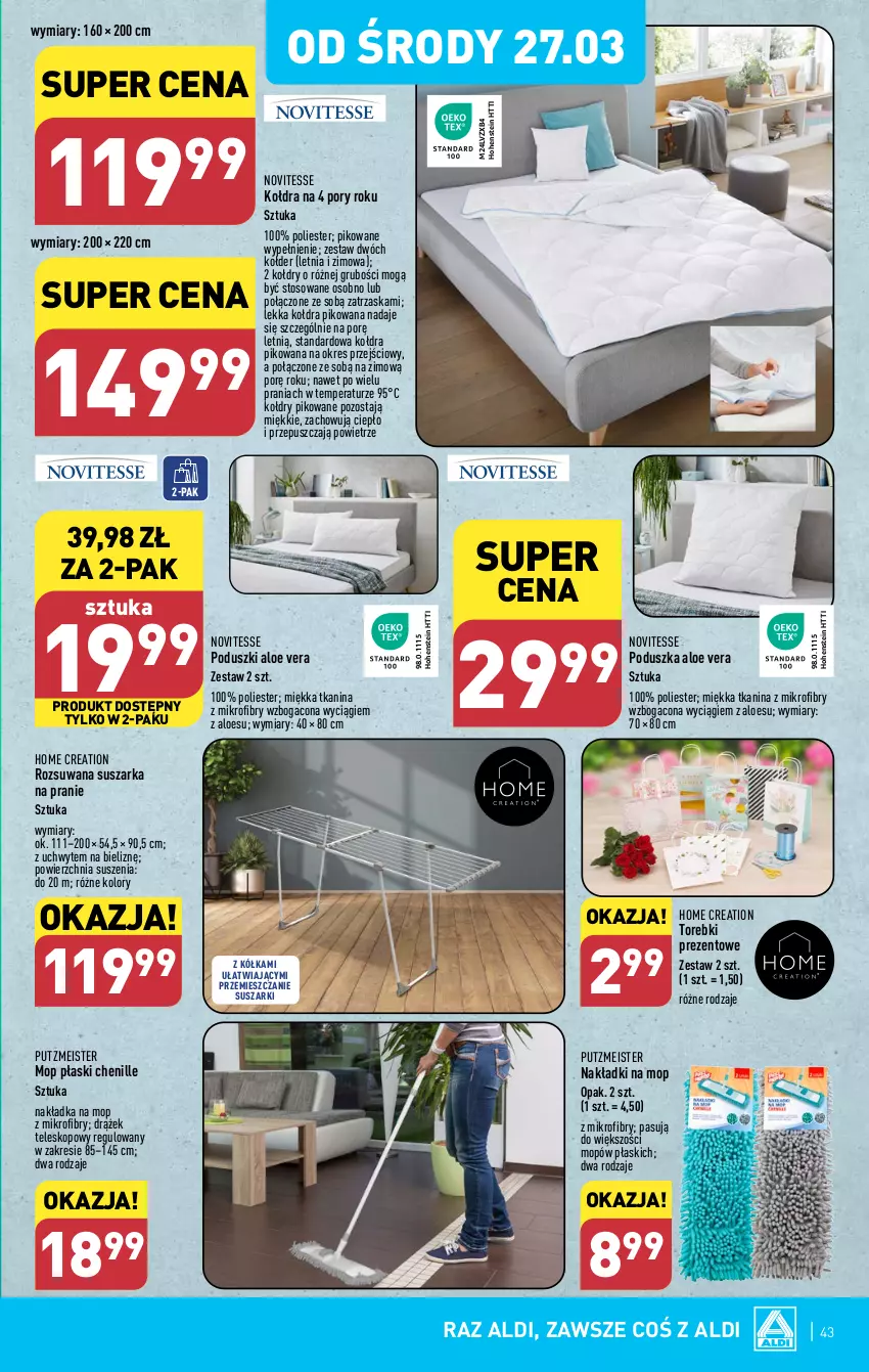 Gazetka promocyjna Aldi - Pełna oferta - ważna 25.03 do 30.03.2024 - strona 43 - produkty: Aloe vera, Kołdra, Mop, Poduszka, Por, Putzmeister, Suszarka, Suszarka na pranie, Suszarki, Teleskop