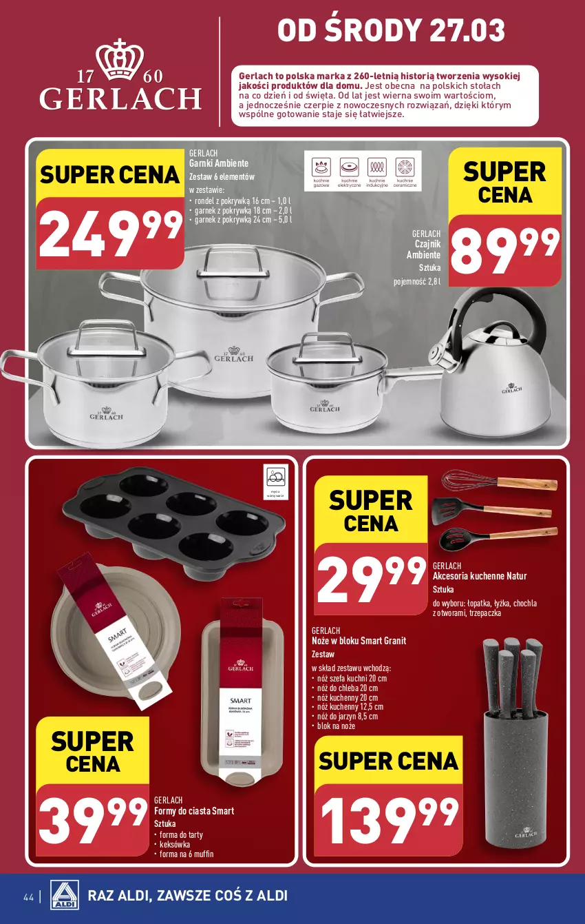 Gazetka promocyjna Aldi - Pełna oferta - ważna 25.03 do 30.03.2024 - strona 44 - produkty: Blok na noże, Chleb, Czajnik, Fa, Garnek, Gra, Keksówka, Miarka, Noż, Nóż do chleba, Nóż szefa kuchni, Rondel, Sok, Trzepaczka, Uchwyty