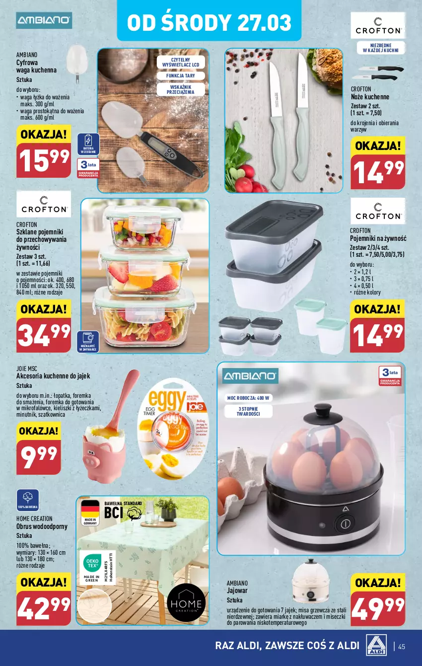 Gazetka promocyjna Aldi - Pełna oferta - ważna 25.03 do 30.03.2024 - strona 45 - produkty: Bateria, Fa, Noż, Obrus, Pojemnik, Por, Szatkownica, Top, Waga, Wełna