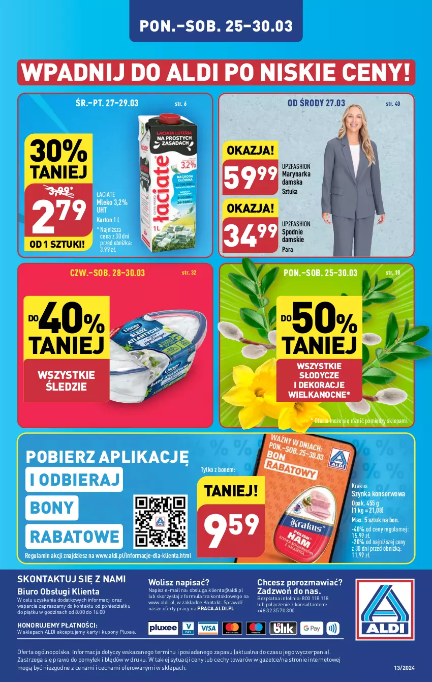 Gazetka promocyjna Aldi - Pełna oferta - ważna 25.03 do 30.03.2024 - strona 48 - produkty: Biuro, Fa, Krakus, Mleko, O nas, Por, Ser, Spodnie, Szynka, Szynka konserwowa